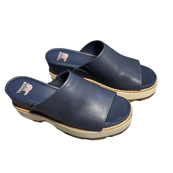Sorel Shoes - Sorel Joanie Navy Blue Leather Slide Wedge Sandals Platform Women’s Size 7.5 EUC